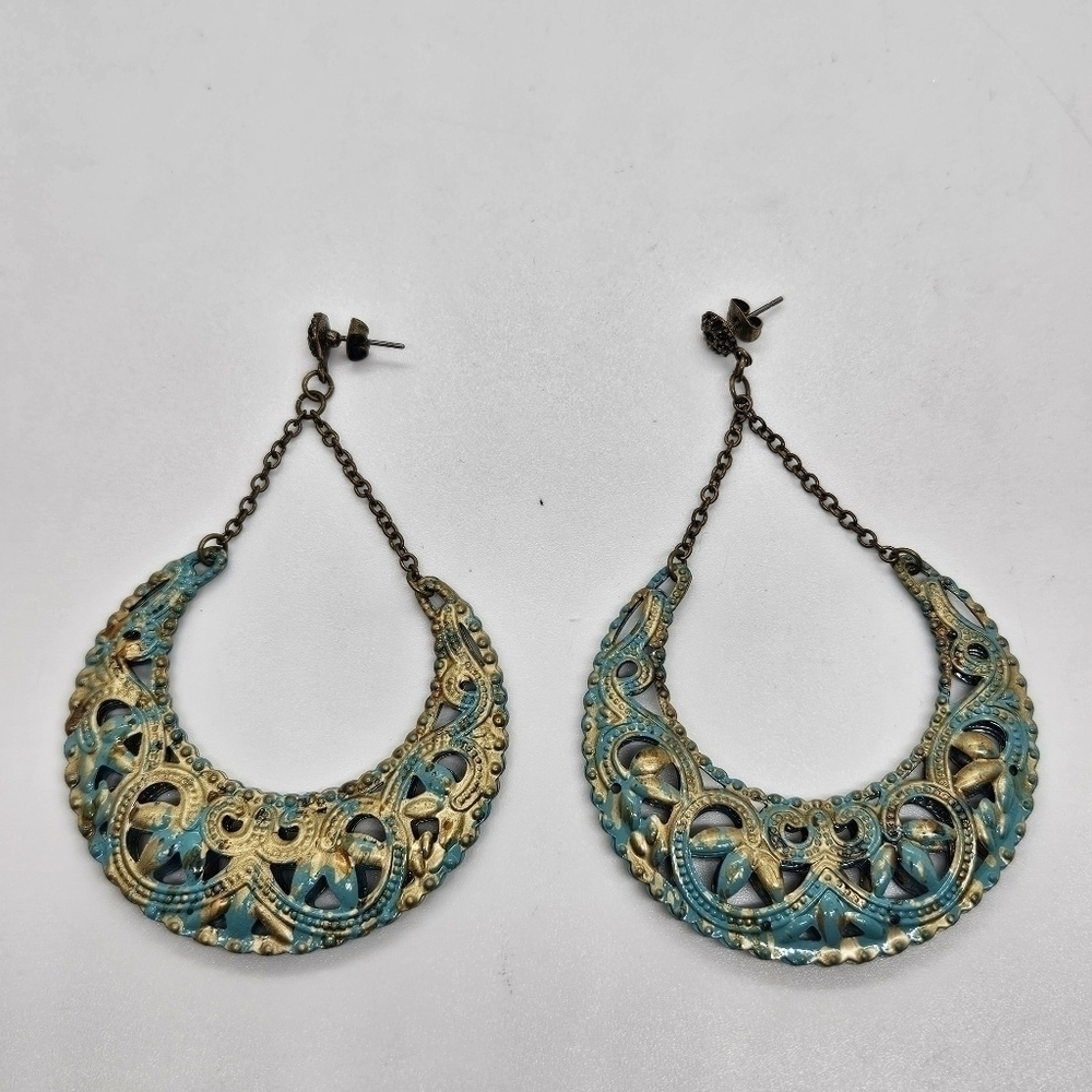 gold tone and blue cutout dangle chandelier earrings